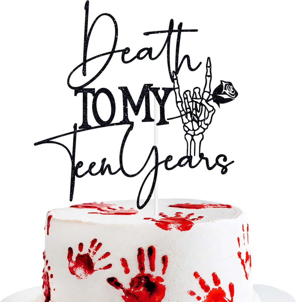 Black Glitter Death to My Teen Years Cake Topper, Old English Gothic Birthday Décor, Funeral Farewell Sweet Youth Themed 20th Birthday Party Decorations Supplies