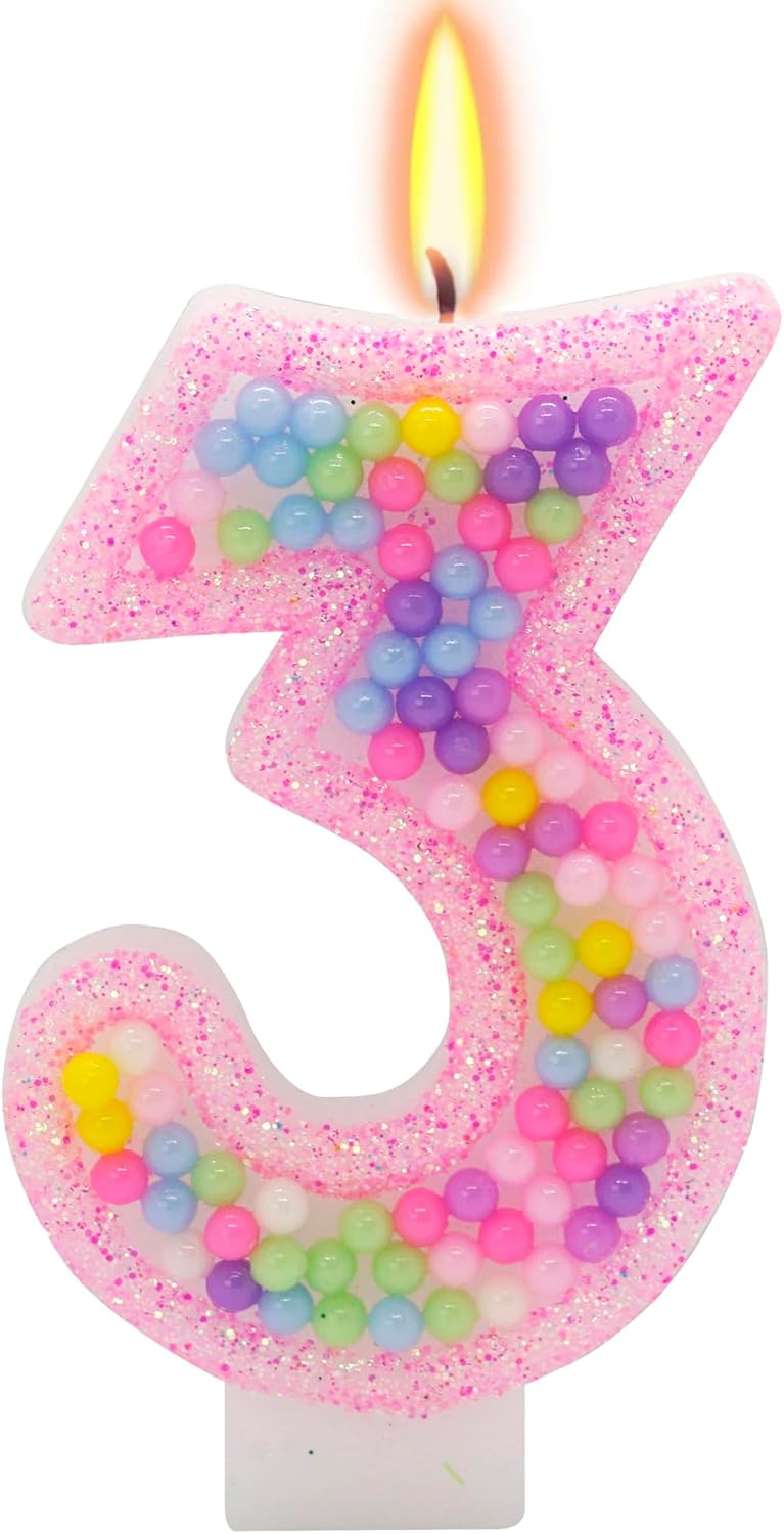 Pink Glitter Number 3 Birthday Candle - Fun Candy Bead Cake Topper, 3rd Birthday Party Supplies for Girls, Three Year Old Decorations