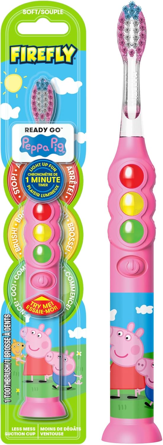 Firefly Ready Go Brush, Peppa Pig, Light Up Timer Toothbrush, Premium Soft Bristles, 1 Minute Timer, Less Mess Suction Cup, Battery Included, Easy Storage, for Ages 3+, 1 Count
