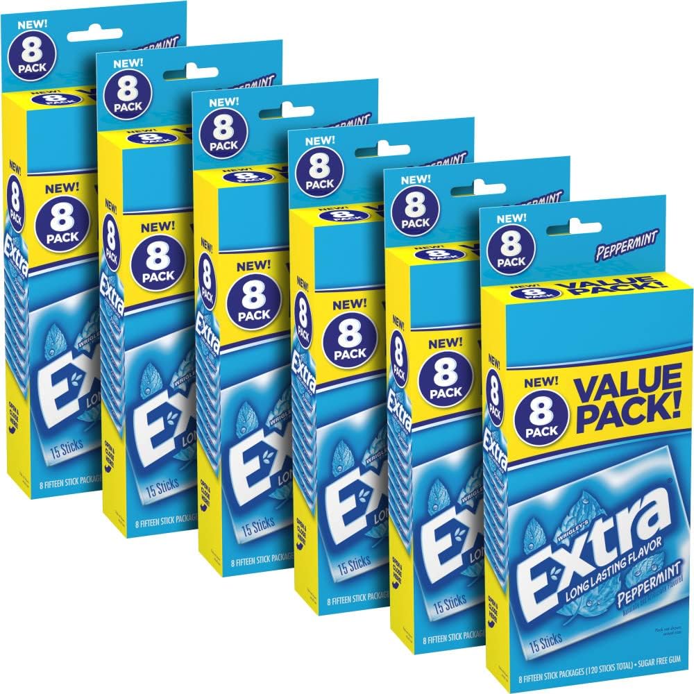 EXTRA Gum Peppermint, Sugar Free Chewing Gum Bulk, 8 Ct Box, Pack of 6 (48 Count), Long-Lasting Fresh Breath, Cool Peppermint Flavor, Individually Wrapped