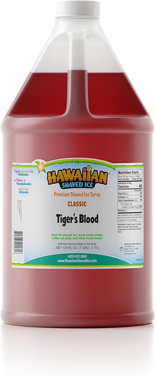 Hawaiian Shaved Ice Syrup Gallon, Tiger's Blood Flavor, Great For Slushies, Italian Soda, Popsicles, & More, No Refrigeration Needed, Contains No Nuts, Soy, Wheat, Dairy, Starch, Flour, or Egg Products