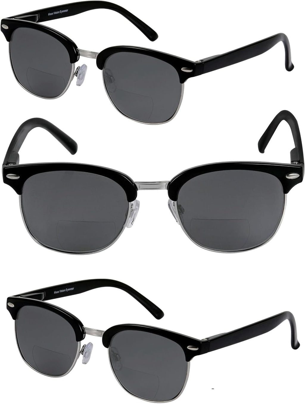 Mass Vision 'The Executive' 3 Pair of Classic Semi-Rimless Lightweight Bifocal Reading Unisex Sunglasses with Spring Hinges