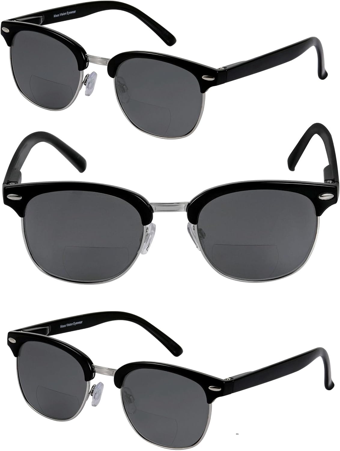 Mass Vision 'The Executive' 3 Pair of Classic Semi-Rimless Lightweight Bifocal Reading Unisex Sunglasses with Spring Hinges