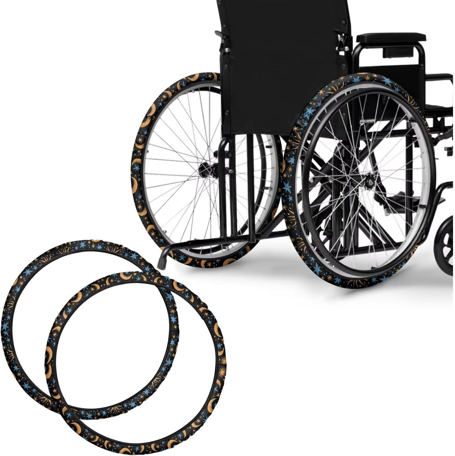 Moon Stars Wheelchair Wheel Covers 2 Pack Wheelchair Tyre Covers Neoprene Wheel Cover for Transport Wheelchair Wheels, 24 Inch