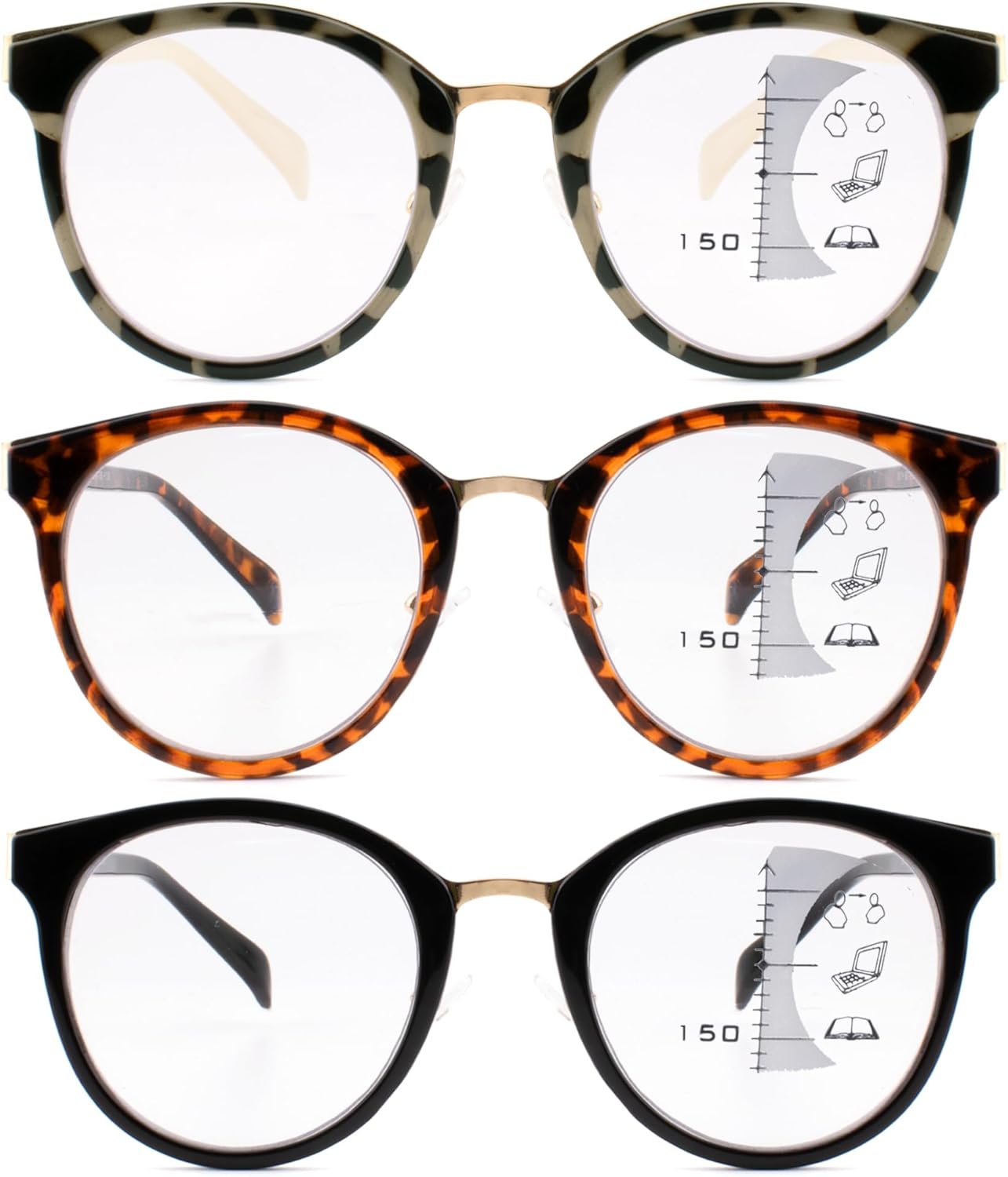 3 Pack Progressive Reading Glasses for Women Men Round Frame Multifocal Readers Fashion Metal Gasket Multi-Focus Glasses(Multicolor, +1.25)