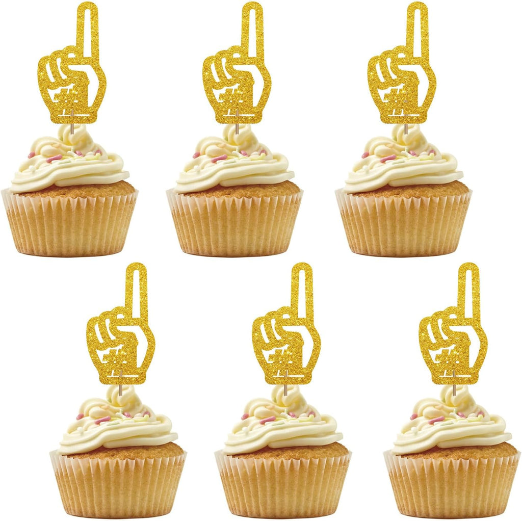 Set of 24 Foam Finger Cupcake Toppers, Number 1 Finger Cupcake Toppers, Gold Glitter Rugby Ball Party Cupcake Picks for Sport Themed Party Supplies