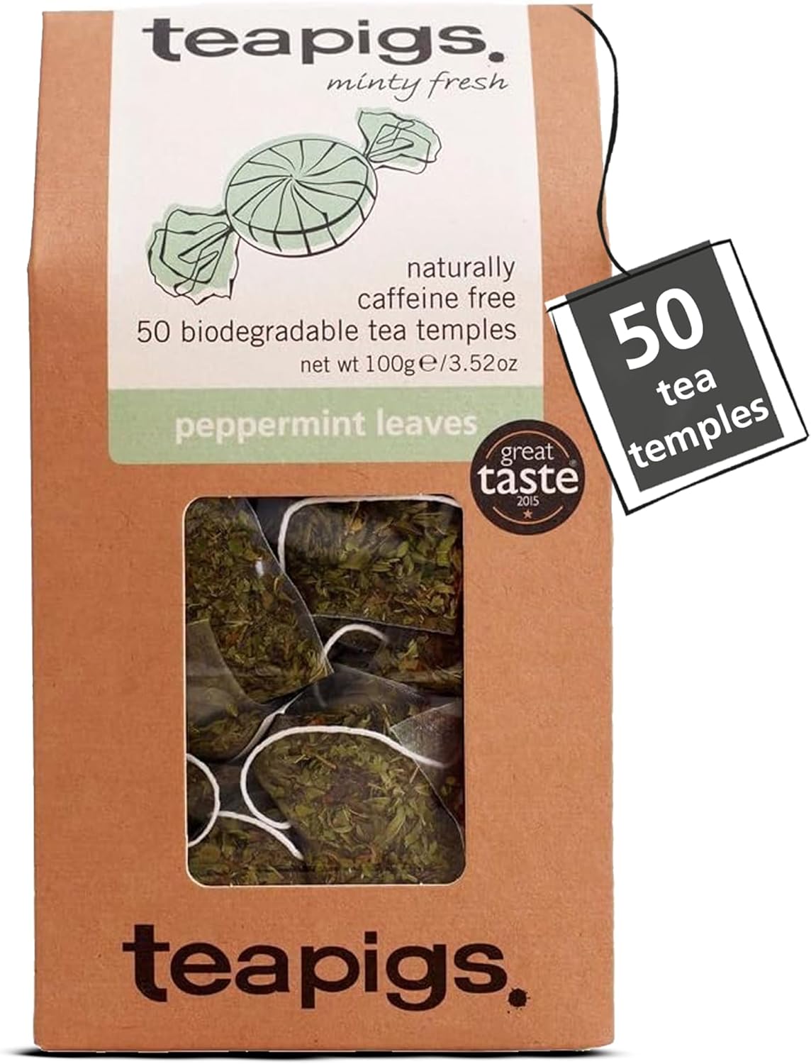 Teapigs Peppermint Leaves Tea Bags Made with Whole Leaves, Caffeine-Free, Natural Ingredients (1 Pack of 50 Teabags)