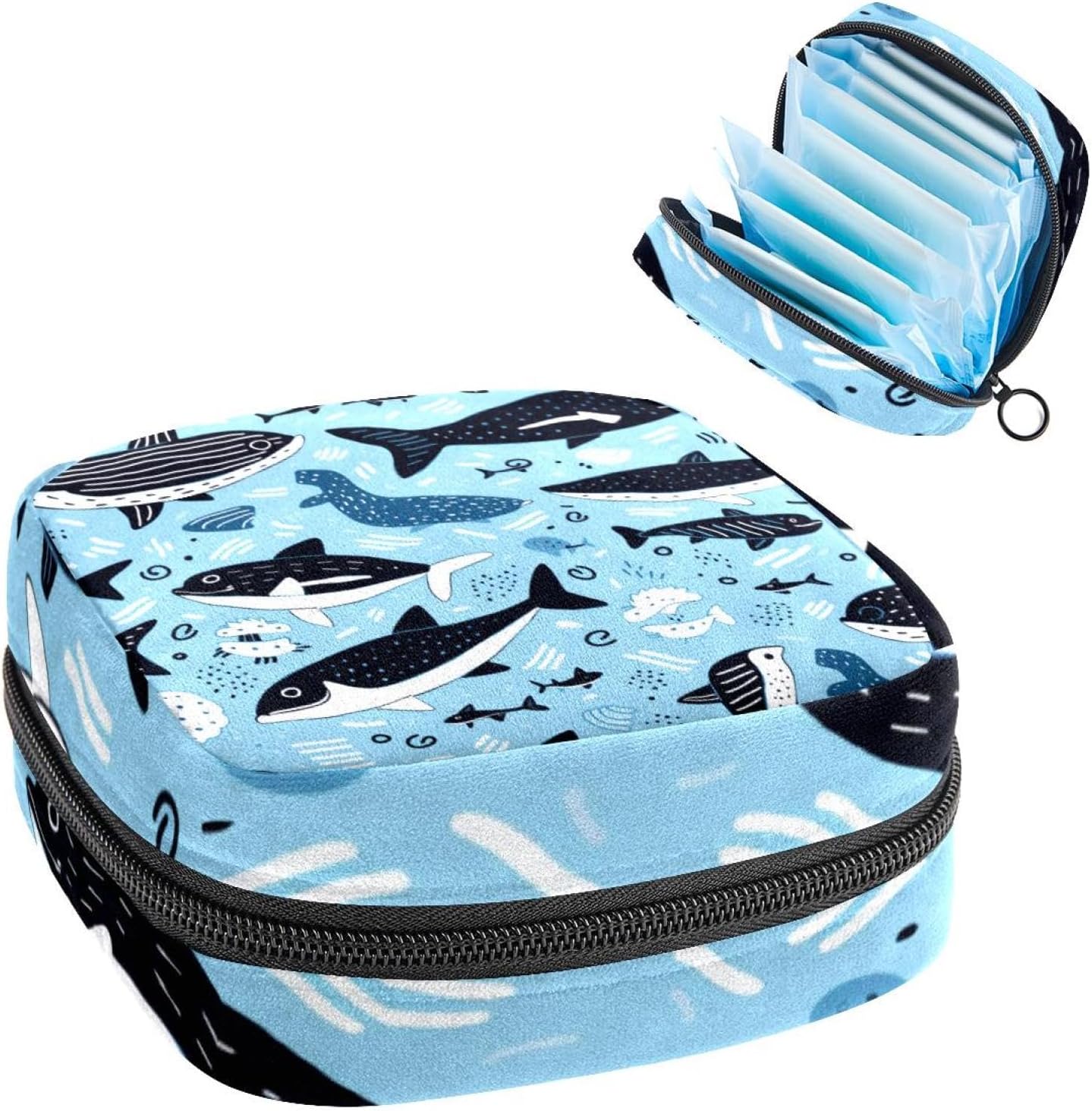 Sanitary Napkin Storage Bag,Period Bag,Cartoon Dolphin Fish Sea Black Blue,Sanitary Bags for Feminine Products