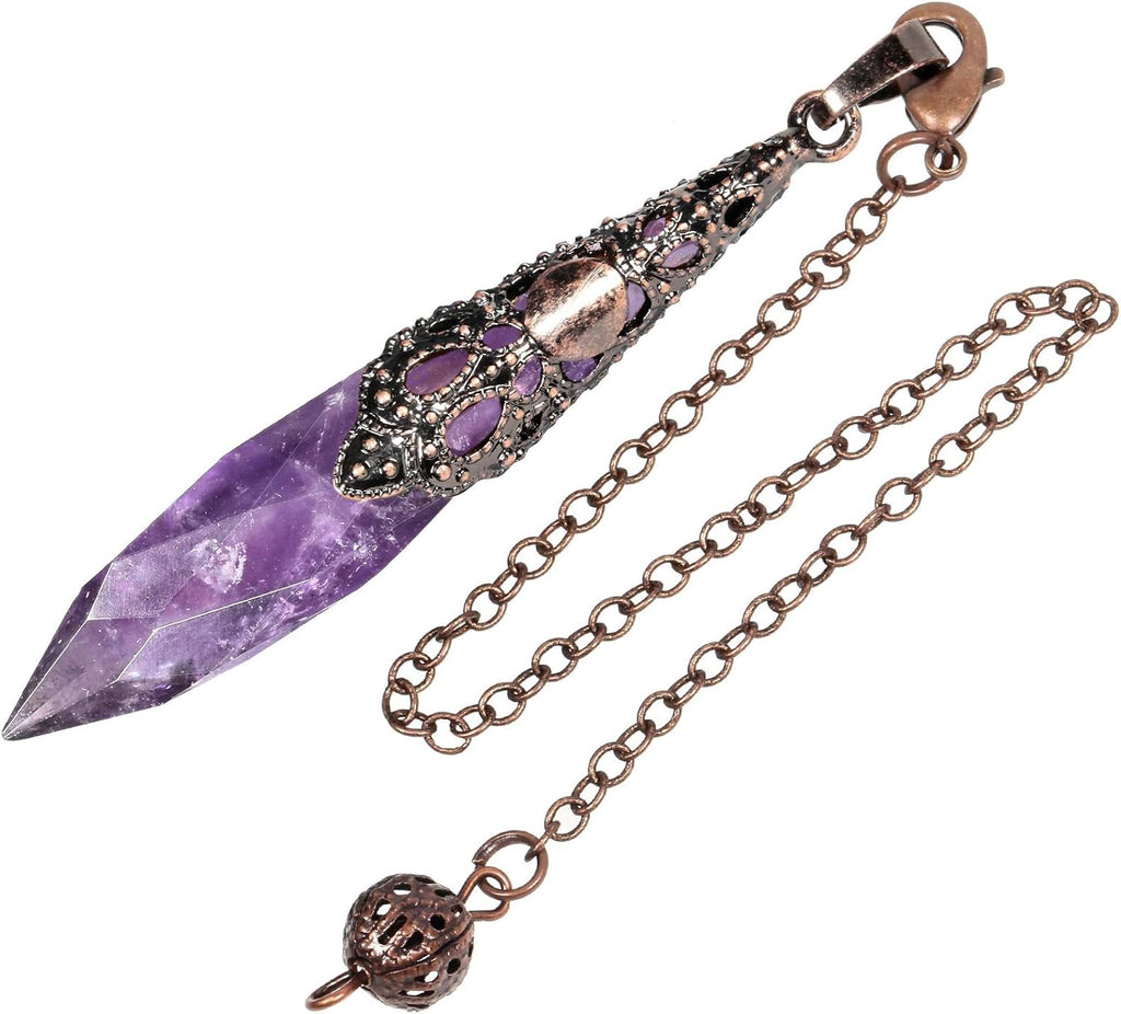 Rockcloud Natural Amethyst Dowsing Pendulum Chakra Crystal Point Pendant Pendulum for Divination Copper Wicca Balancing Meditation Kit