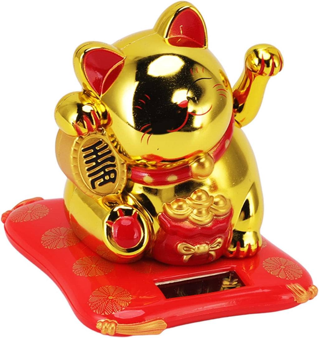 Solar Powered Lucky Cat Ornament, Waving Fortune Cat with Smiling Face, Gold Blessing Bag Design, Decorative Figurine for Home, Office, Car Dashboard