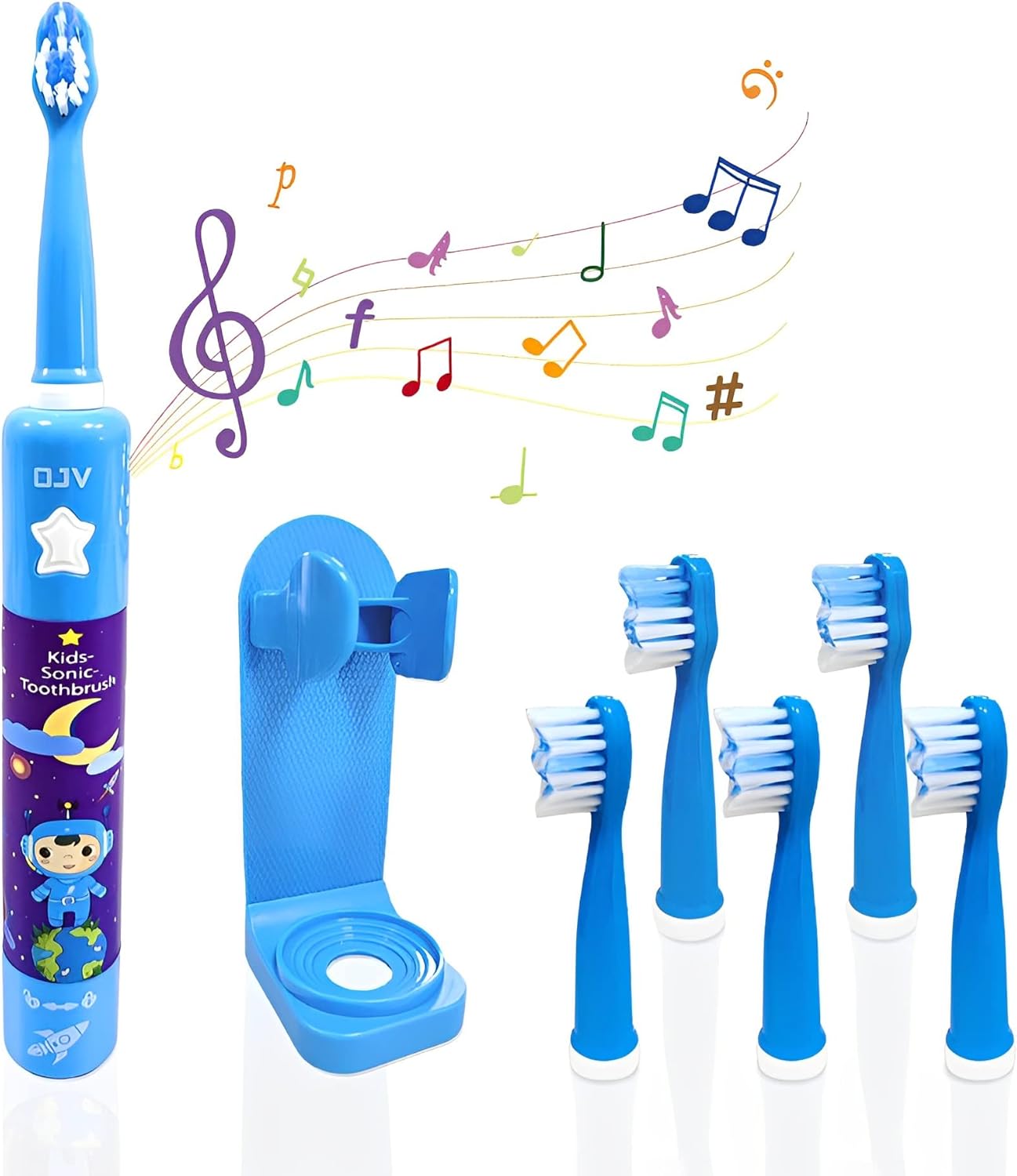 OJV 8620 Musical Electric Toothbrushes for Kids Children, 3 Modes 2 Min Timer, 6 Bristles Rechargeable Power Smart Sonic Music Play Song Toothbrush for Girls Age 3-14 with Wall Mounted Holder (Blue)