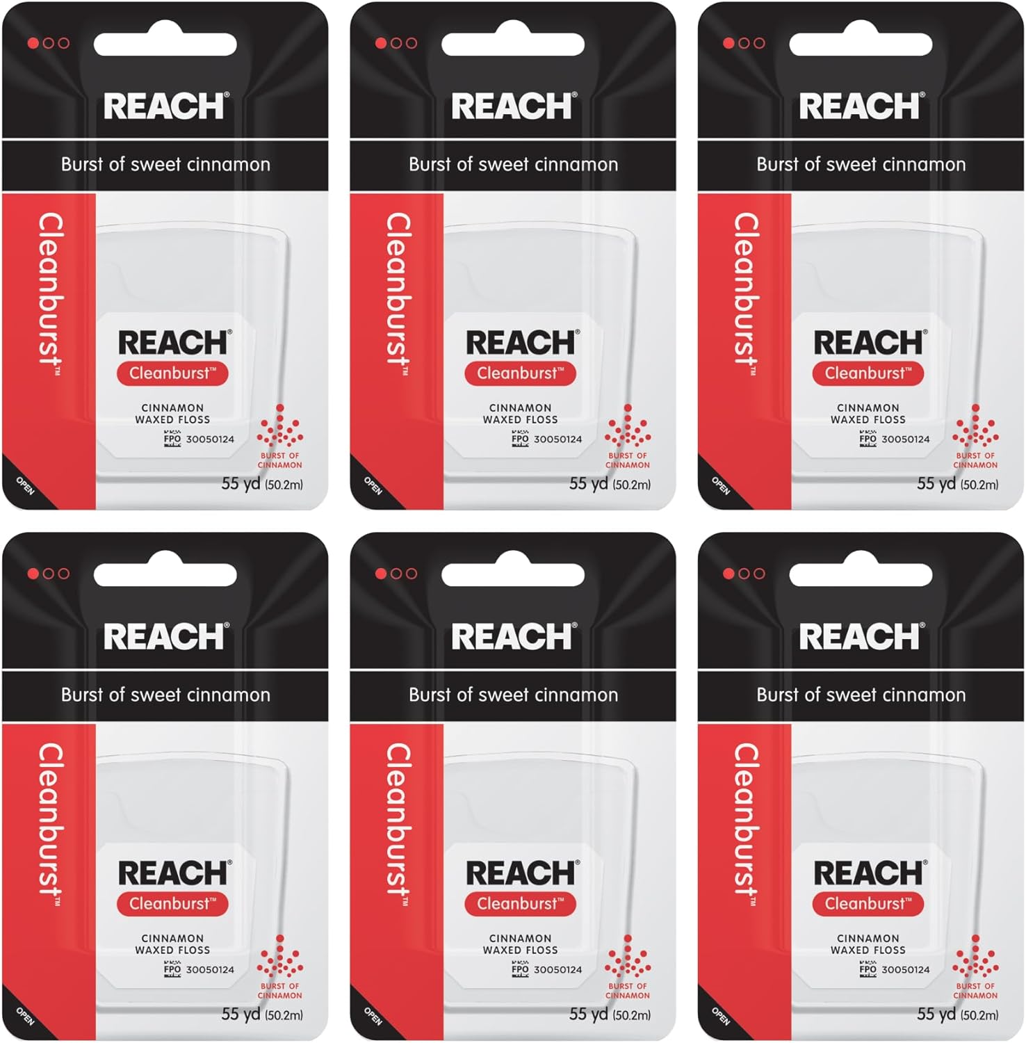 REACH Waxed Dental Floss, Cinnamon, Plaque Remover for Teeth, Shred Resistant, Floss Slides Smoothly, Easy to Use, Waxed, Deep Cleaning Teeth, Oral Care, PFAS Free, for Adults & Kids, 6 Pack, 55 yd