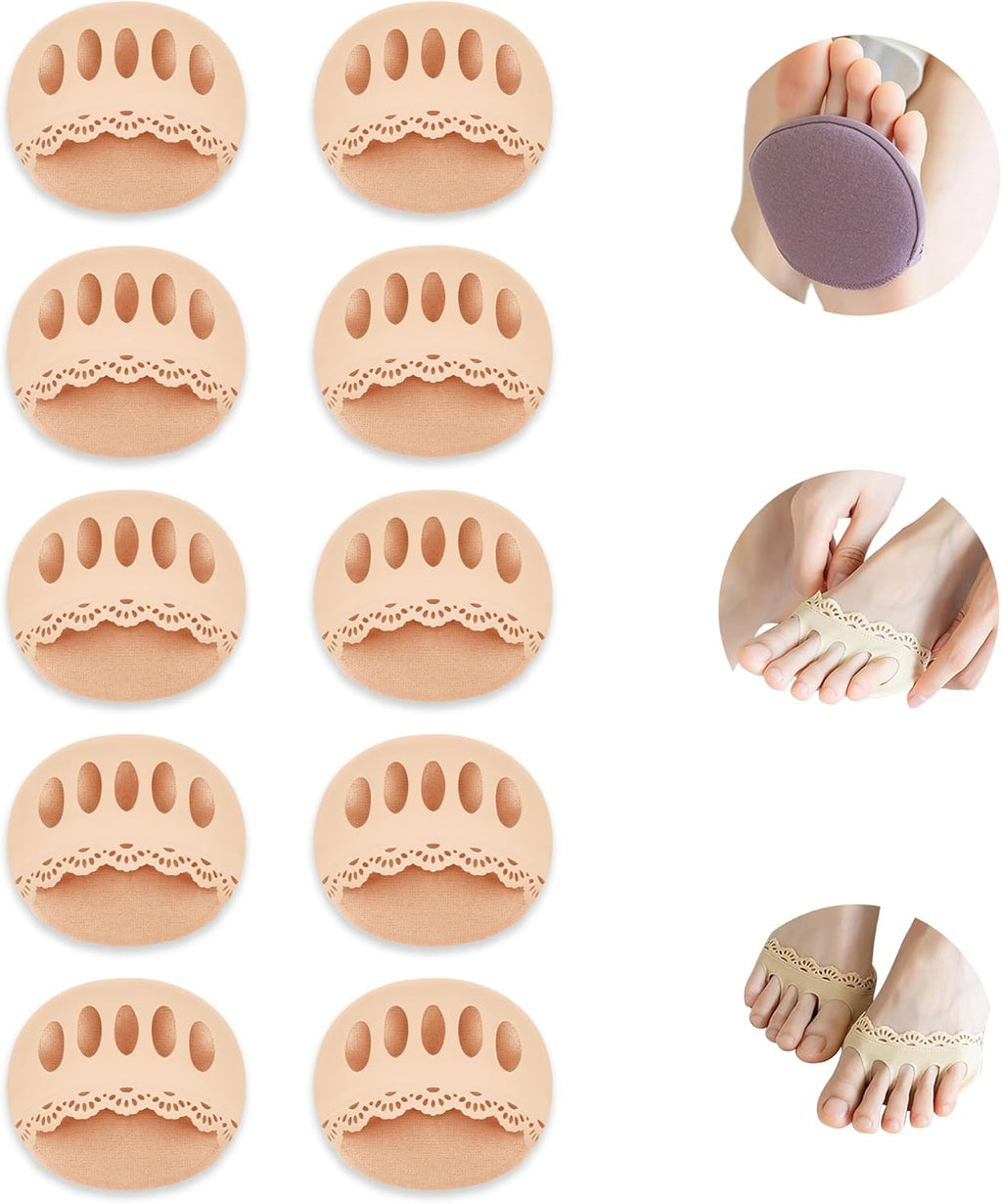 Honeycomb Fabric Forefoot Pads, Soft Ball of Foot Cushion, Women High Heels Invisible Toe Socks, Half Forefoot Socks for High Heels Sandals (5 Pairs Beige)