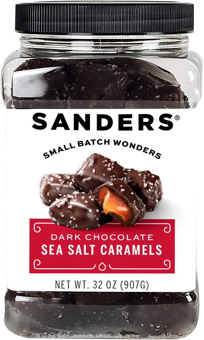 Sanders Dark Chocolate Sea Salt Caramels (32 oz Tub) – Handcrafted Small Batch Slow Cooked Caramel, Sea Salt Dark Chocolate with Rich Indulgent Flavor, Sweet & Salty
