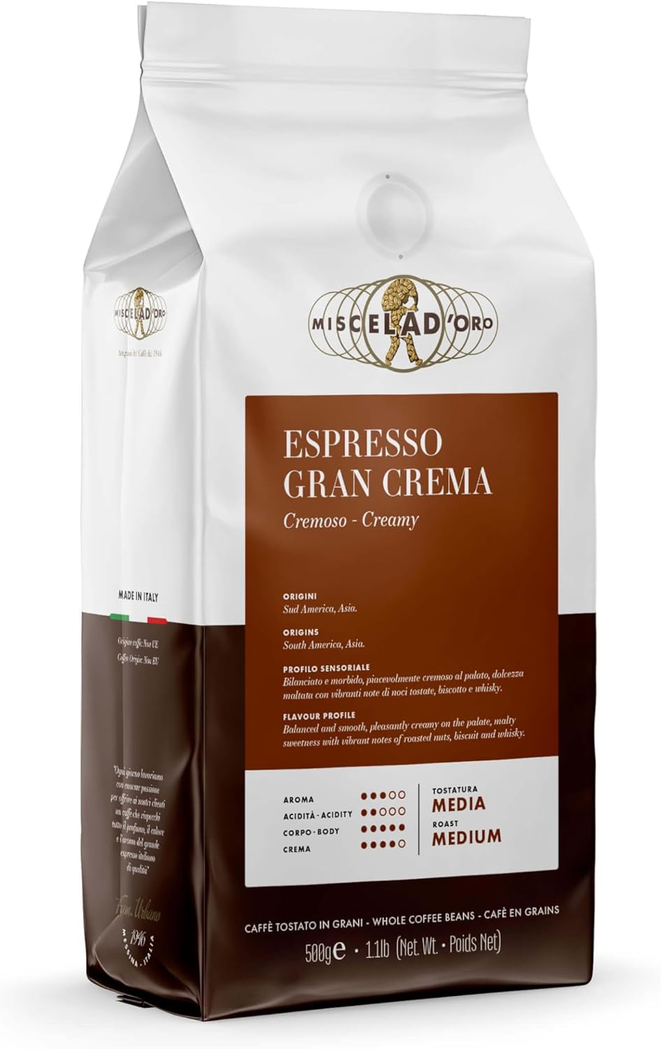 Miscela d'Oro Espresso Gran Crema – 1.1 lb (500g) Italian Medium Roast, Balanced, Smooth, Creamy – Whole Bean Coffee Made in Italy