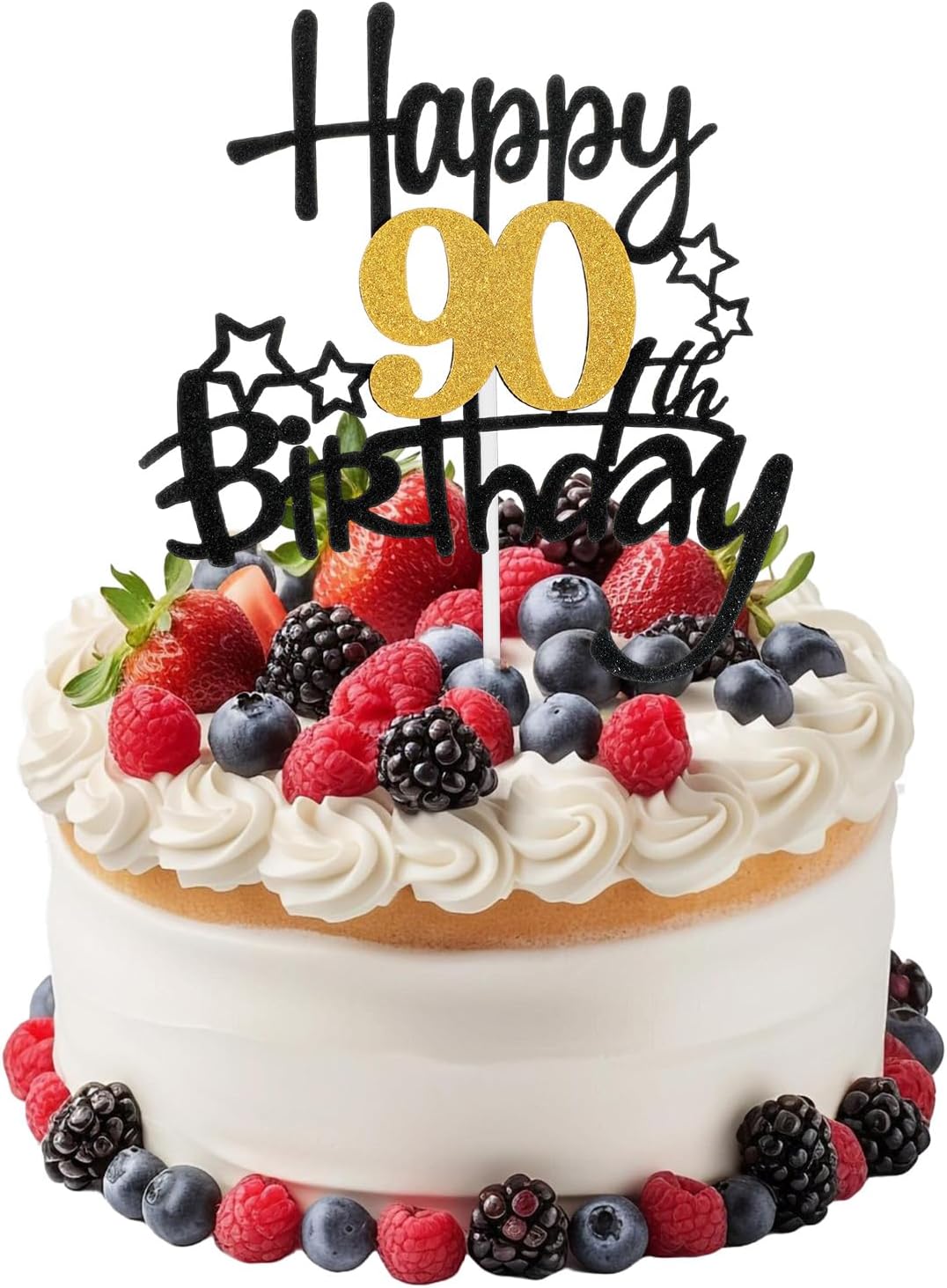 Happy 90th Birthday Cake Topper, Glitter Cheers to 90 Years Cake Topper, Fabulous Cake-Decoration for Happy 90th Birthday, Anniversary Party Cakes Decorations Supplies (Black, Gold)
