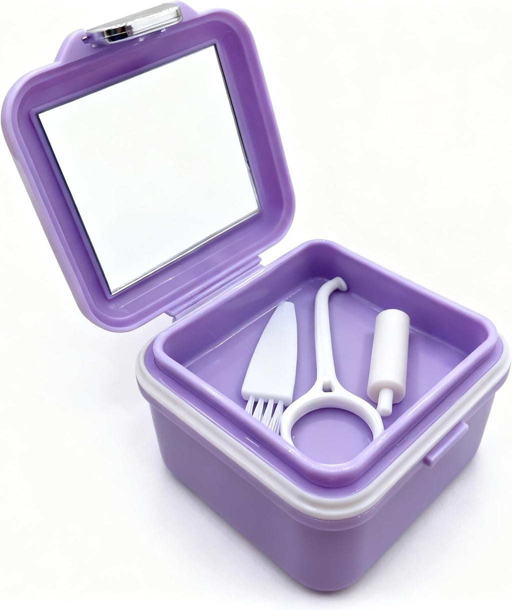 Denture Bath Case, Denture Soaking Container Denture Cup Soaking Holder Mouth Guard Denture Box Denture Baths Cleaning with Lid Retainer Case （Purple）