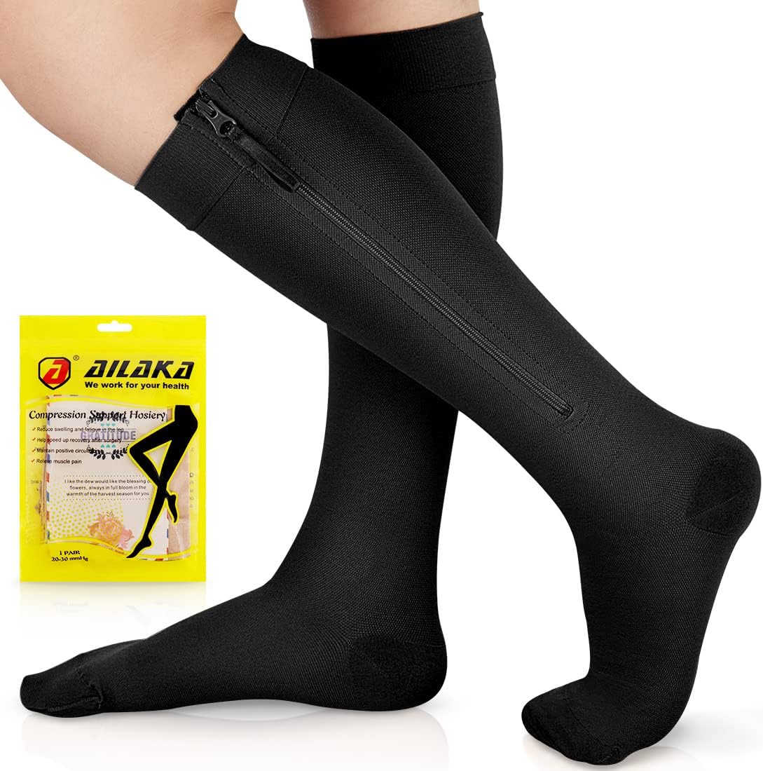 Ailaka Zipper Compression Socks for Men Women - 20-30 mmHg Close Toe Knee High Medical Compression Socks with Zipper, Zip Up Socks for Varicose Veins, Edema, Recovery, Pregnant, Nurse