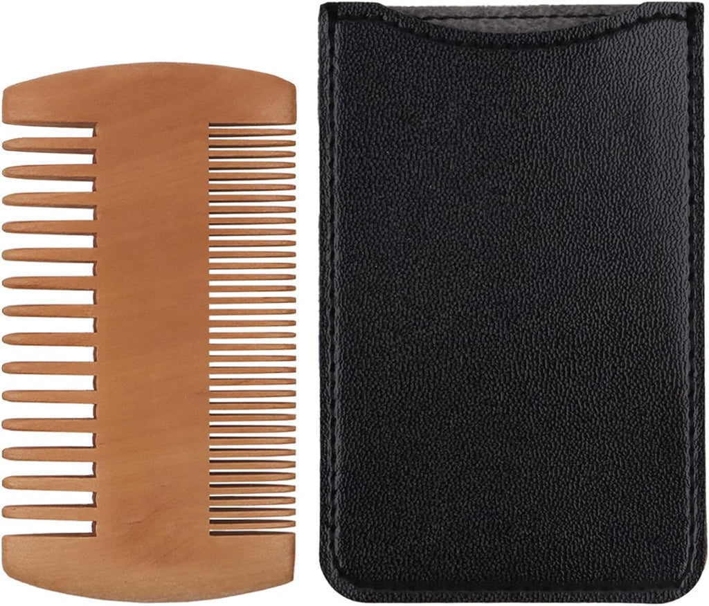 Pearwood Beard Comb, Wooden Beard Comb for Men with Leather Case, Dual-Sided Teeth for Beard Grooming