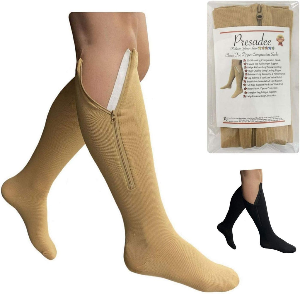 Presadee Petite Original Closed Toe 20-30 mmHg Firm Zipper Compression Leg Socks (Beige, Large-X-Large)