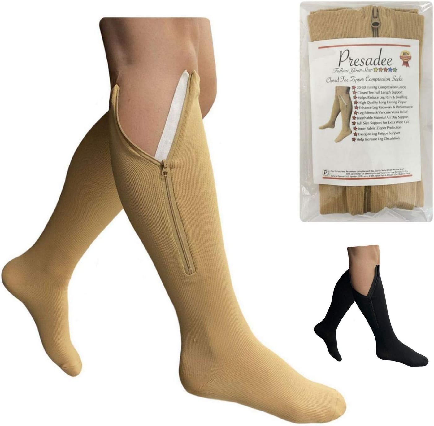 Presadee Petite Original Closed Toe 20-30 mmHg Firm Zipper Compression Leg Socks (Beige, Large-X-Large)
