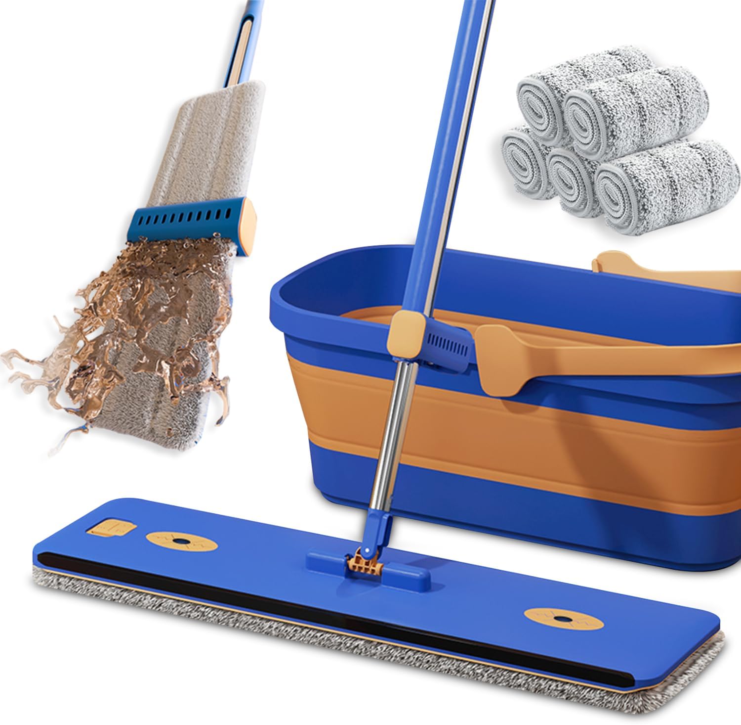 16.5" Self Wringing Flat Mop and Bucket Set, 55" Long Handle Microfiber Mop for Floor and Wall Cleaning, Hands-Free Wet & Dry Mop with Squeegee, 5 Replacement Pads & Collapsible Bucket