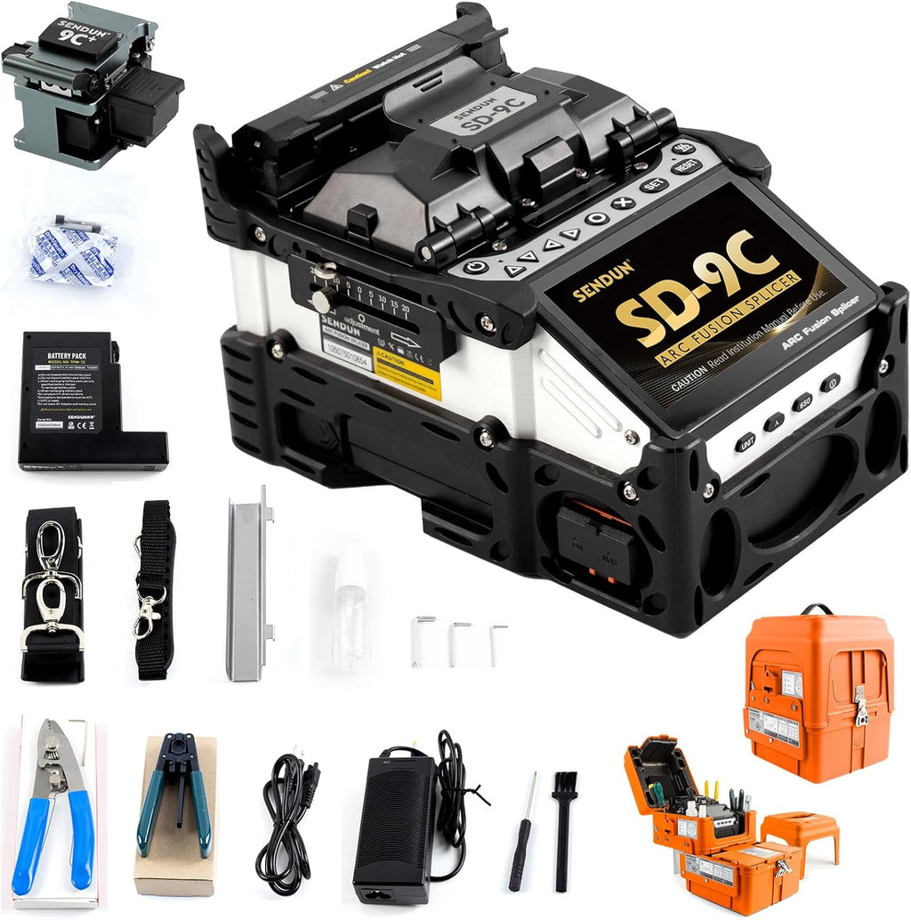 SENDUN Fiber Optic Fusion Splicer with OPM and VFL, Six Motor Core Alignment Fiber Splicer Machine with 7200 mAh Battery & 4.3-inch Touch Screen, Astonishing Fast 5s Splicing & 11s Auto-Heating, SD-9C