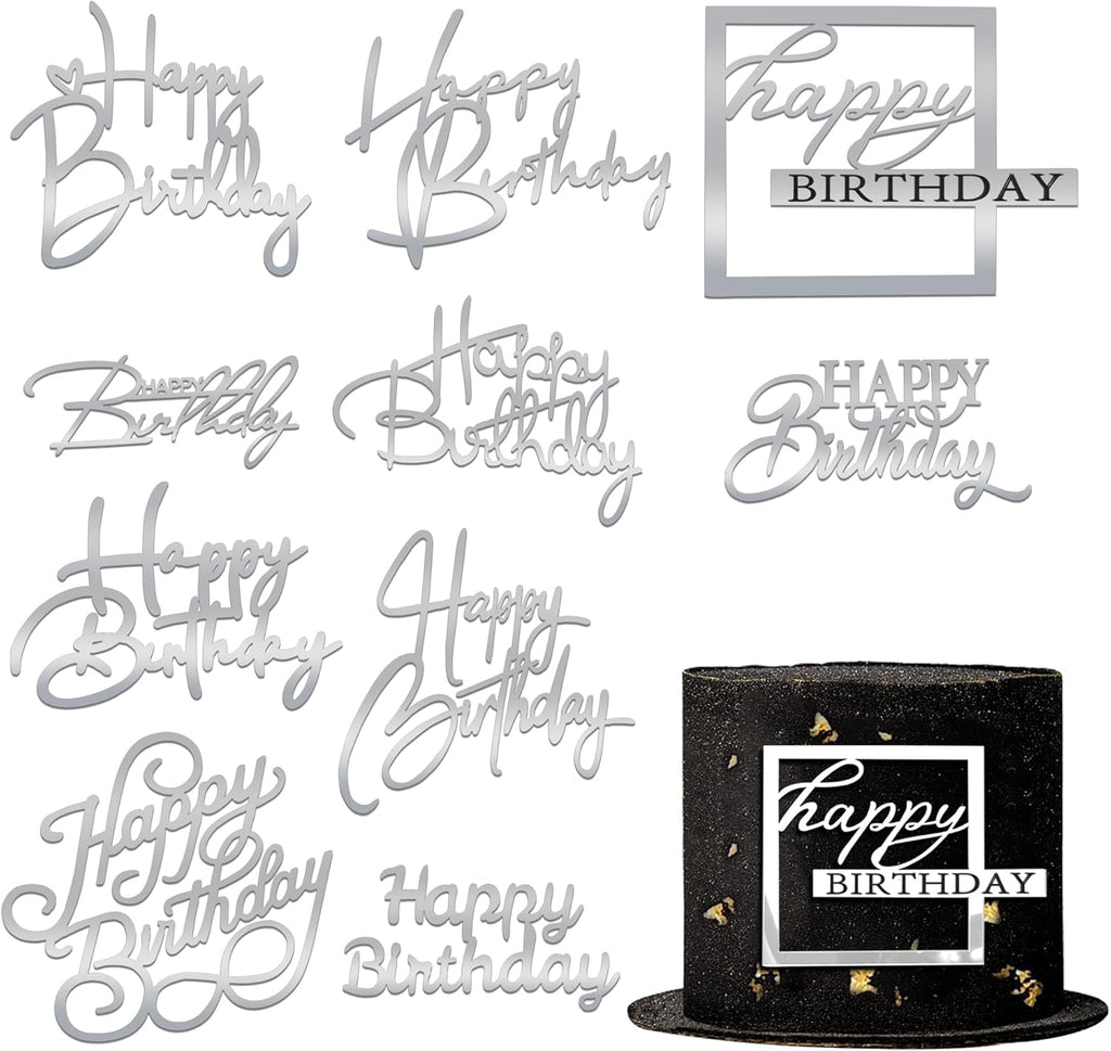 10 PCS Silver Happy Birthday Acrylic Cake Toppers Mirrored Side Cake Decorations Inserts 10 Styles