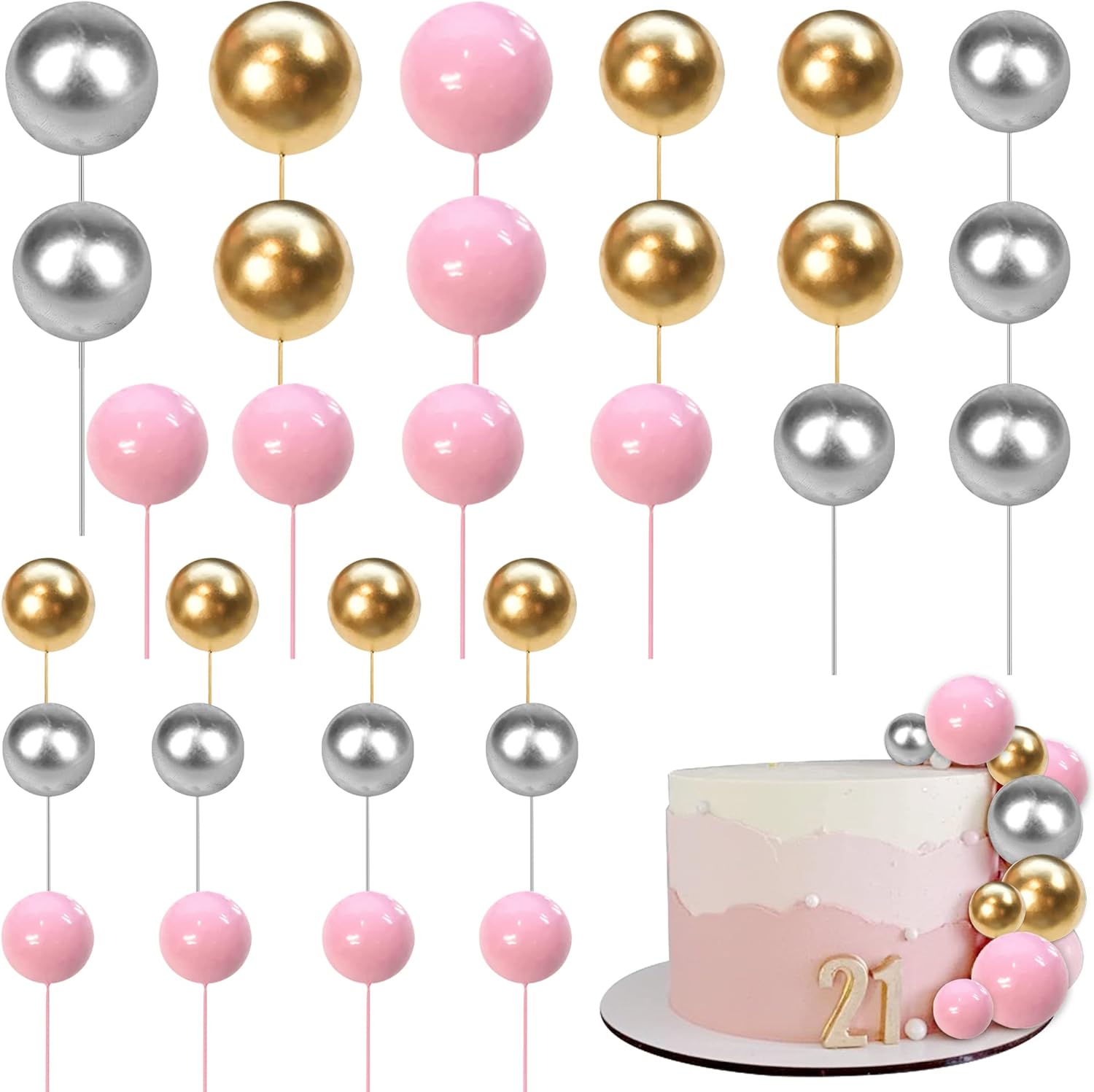 Rsstarxi 30 PCS Balls Cake Topper Foam Ball Cake Picks Mini Balloon DIY Cake Insert Topper Decoration for Baby Shower Wedding Anniversary Kids Birthday Party Cake Decorations Gold Silver Pink