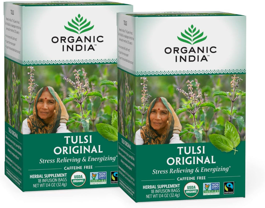 Organic India Original Tulsi Tea - Herbal Tea, Holy Basil and African Basil Calming and Stress Relief Tea, Immune Support, USDA Certified Organic, Non-GMO, Caffeine-Free - 18 Infusion Bags, 2 Pack