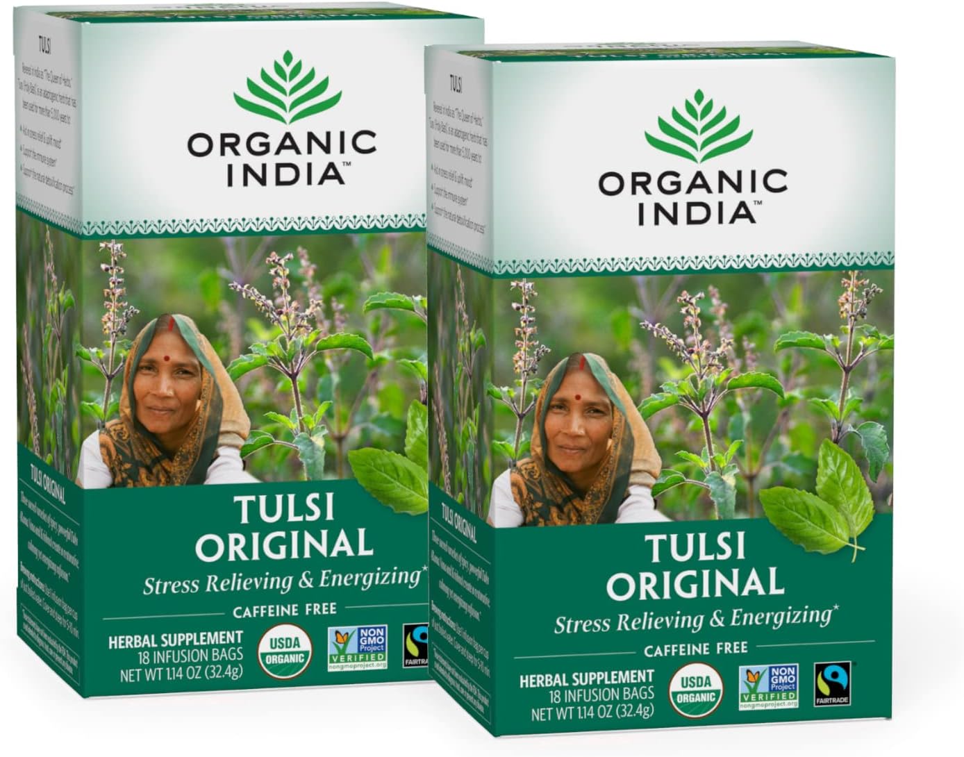 Organic India Original Tulsi Tea - Herbal Tea, Holy Basil and African Basil Calming and Stress Relief Tea, Immune Support, USDA Certified Organic, Non-GMO, Caffeine-Free - 18 Infusion Bags, 2 Pack
