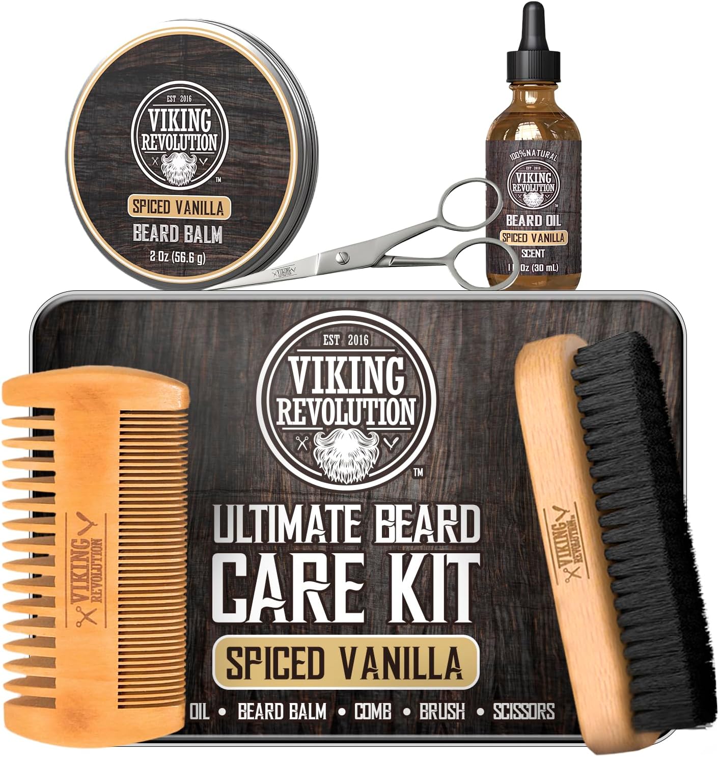 Viking Revolution - Ultimate Beard Kit Spiced Vanilla - Beard Grooming Kit for Men with Beard Brush, Beard Comb, Beard Balm, Beard Oil, Beard and Moustache Scissors - Husband Gifts for Men