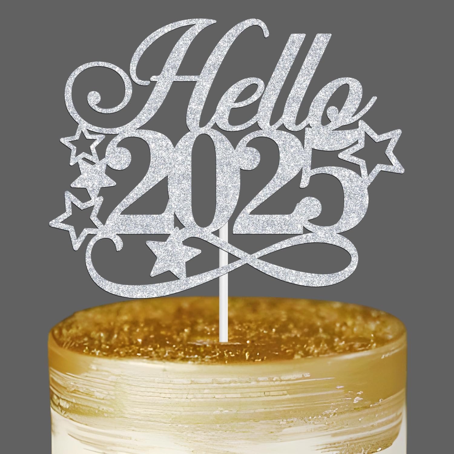 Hello 2025 Cake Topper - Winter Xmas Holiday Cake Decor, Merry Christmas Welcome 2025 Santa Happy New Year's Eve Party Decorations Supplies, Silver Glitter