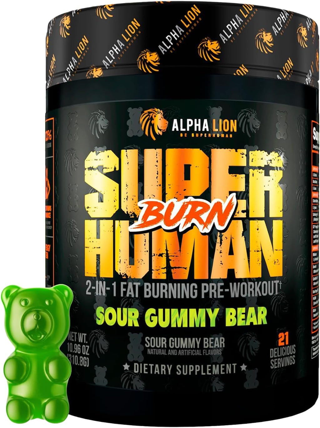 ALPHA LION Superhuman Burn, 2 in 1 Metabolism Booster Pre Workout and Men's Thermogenic Fat Burner, Sour Gummy Bear (Hulk Juice), Package Varies