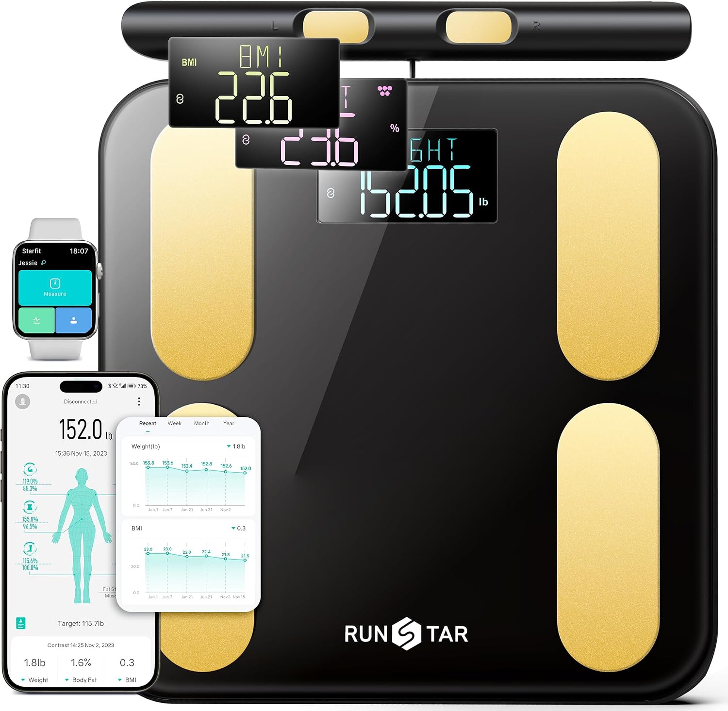 RunStar Scale for Body Weight and Fat, BMI Muscle Mass to 28 Body Composition, FSA&HSA Eligible Digital Bathroom Scales 8-Electrode with Voice Prompt High Accurate Bluetooth Weight Scale, Gold