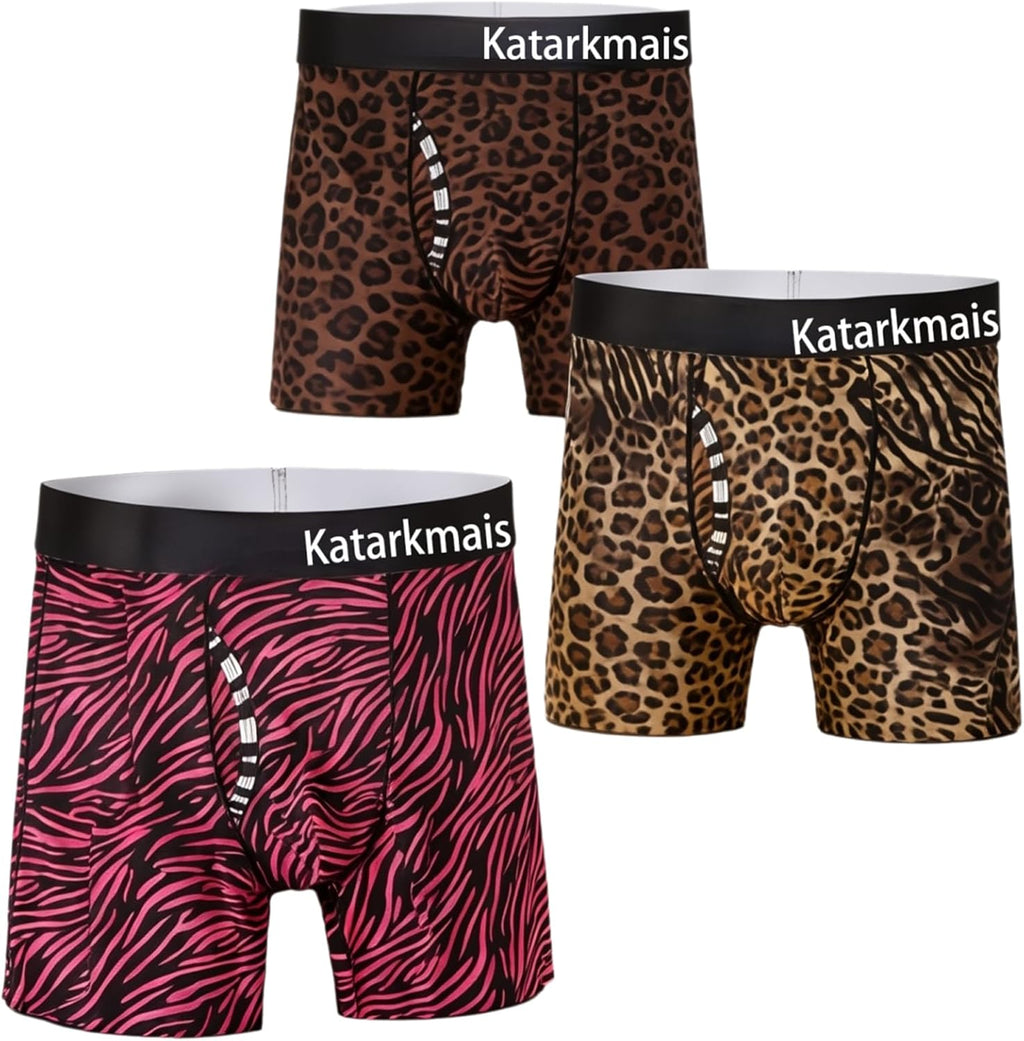 Men's Leopard Print Boxer Briefs - Tagless, Breathable Workout Men's Underwear, 3Pack