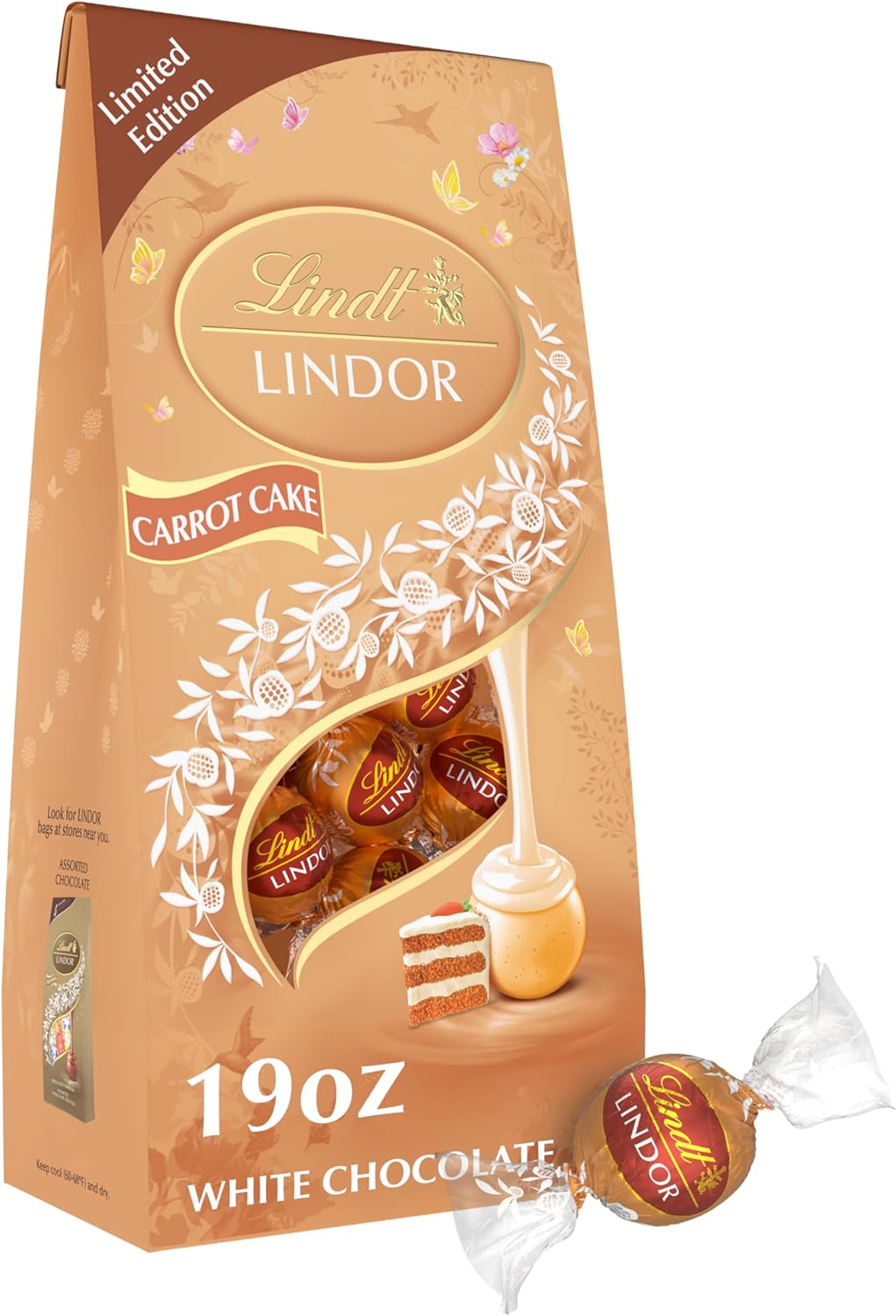 Lindt LINDOR Carrot Cake White Chocolate Candy Truffles, White Chocolate With Carrot Cake Truffle Filling, 19 oz. Bag