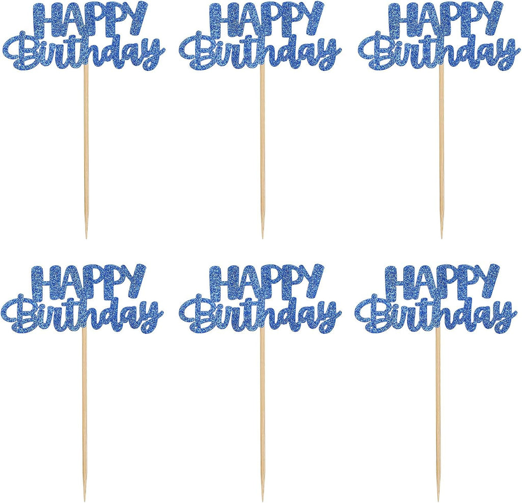 24 Pcs Glitter Happy Birthday Cupcake Toppers - Blue Celebrating Cake Picks for Baby Shower Kids Party Decoration Supplies