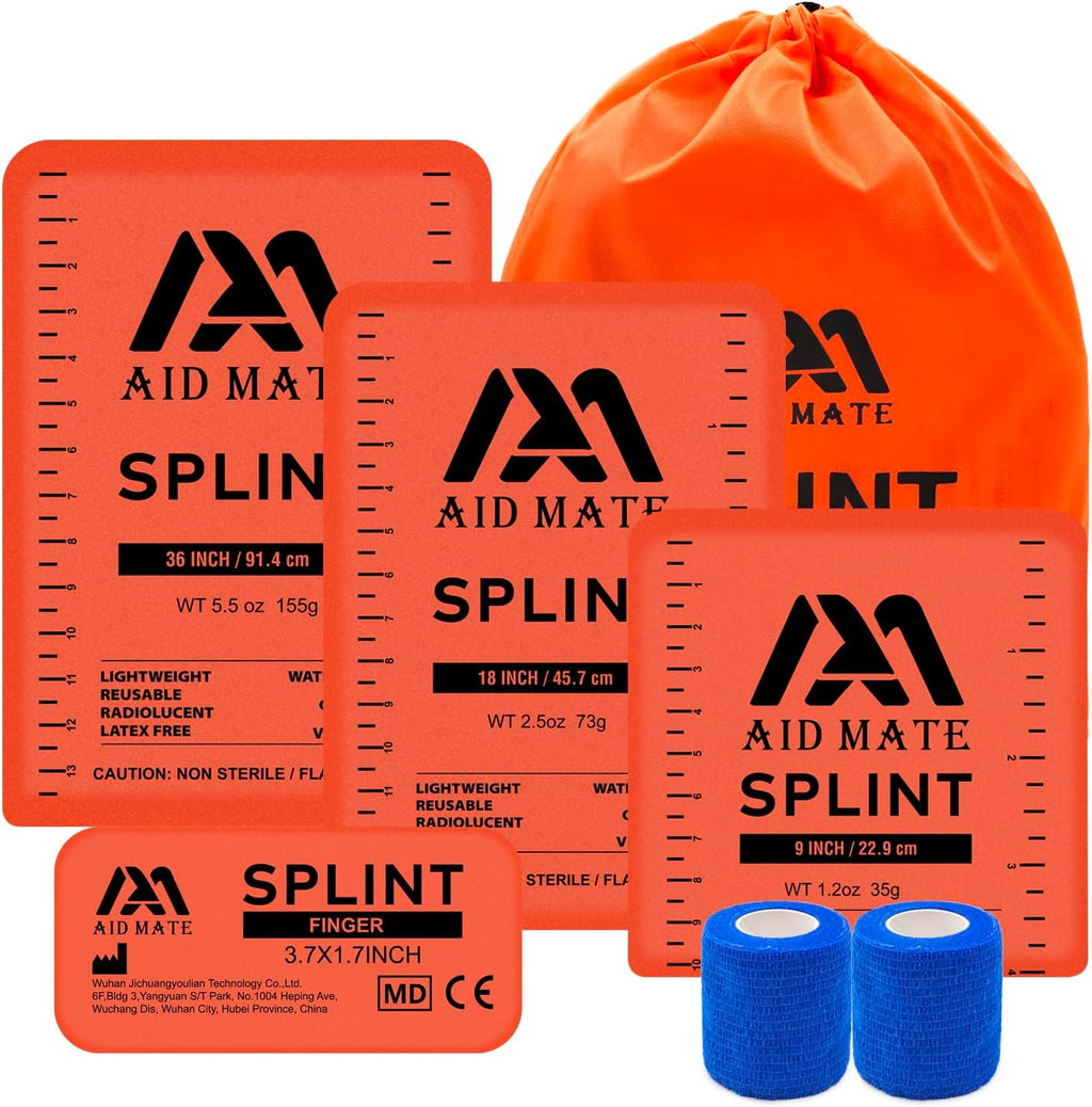 First Aid SAM Splint Kit – 4 Reusable Malleable Splints (36"/18"/9"/4") + 2 Medical Tapes + Storage Pouch, Emergency Fracture Stabilization for Camping Hiking, Arm Leg Wrist Ankle Finger, EMT