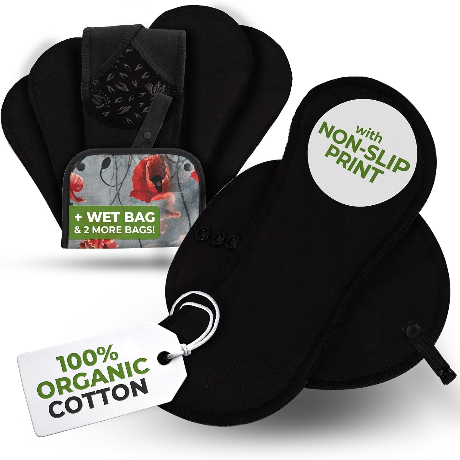 Non-Slip Reusable Incontinence Pads for Bladder Control (L+XL; 6-Pack); High Temp Washable Organic Cotton Cloth Pads with Quick Absorption & Odor Control; Soft & Non-Irritating for Sensitive Skin