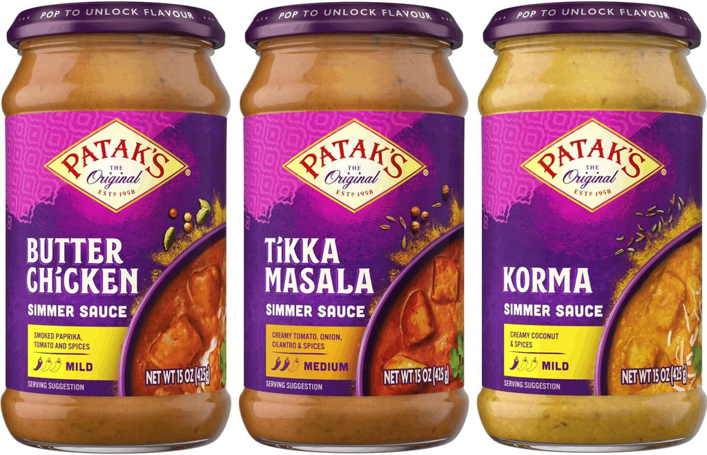 Patak's Simmer Sauce Variety Pack, Butter Chicken, Tikka Masala & Korma, Mild to Medium Curry with Cream, Coconut & Spices, Gluten-Free & Vegetarian Authentic Indian, Perfect for Quick Meals, 15 oz Jars, 3-Pack