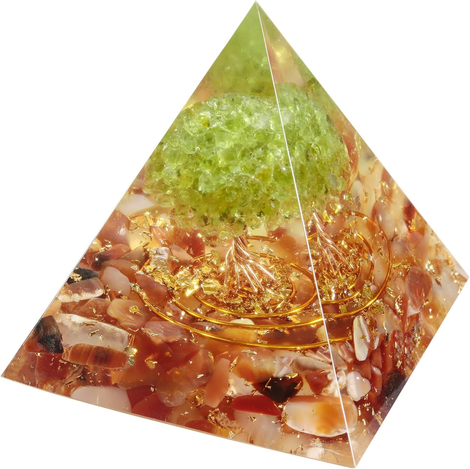 Nupuyai Handmade Peridot Tree of Life Pyramid Desk Decor, Resin Tumbled Stones Crystal Pyramid Energy Generator for Meditation Balancing, Carnelian
