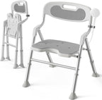 Folding Shower Chair for Inside Shower with Arms and Back, 400 LBS Foldable Bath Seat for Elderly Seniors & Disabled, Heavy Duty Portable Shower Stool with U-Shape Cutout & 6-Level Height (Gray)