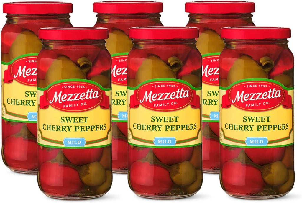 Mezzetta Sweet Cherry Peppers - Red & Green - Juicy & Mildly Spicy - Perfect for Stuffing with Cheese or Prosciutto - Jarred for Freshness - Gluten Free, Keto, Kosher - 16 OZ Jar - Pack of 6