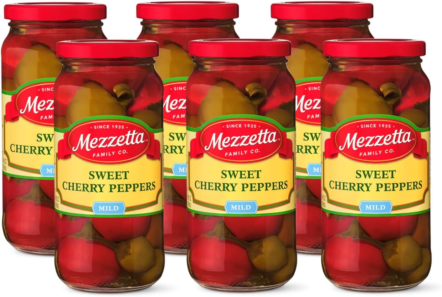 Mezzetta Sweet Cherry Peppers - Red & Green - Juicy & Mildly Spicy - Perfect for Stuffing with Cheese or Prosciutto - Jarred for Freshness - Gluten Free, Keto, Kosher - 16 OZ Jar - Pack of 6