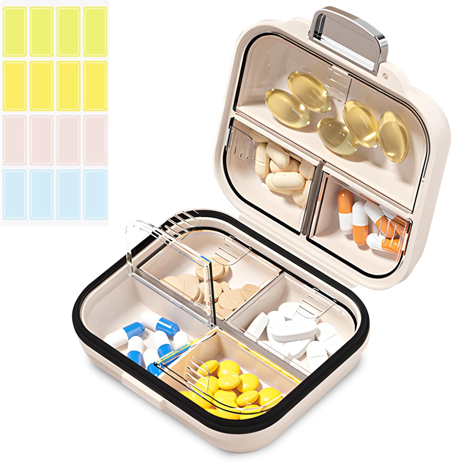 Travel Pill Organizer Box with Labels, 7 Compartments Portable Mini Pill Case, Daily Medication Organizer Storage Pill Container for Pocket Pharmacy(Pearly White, S)