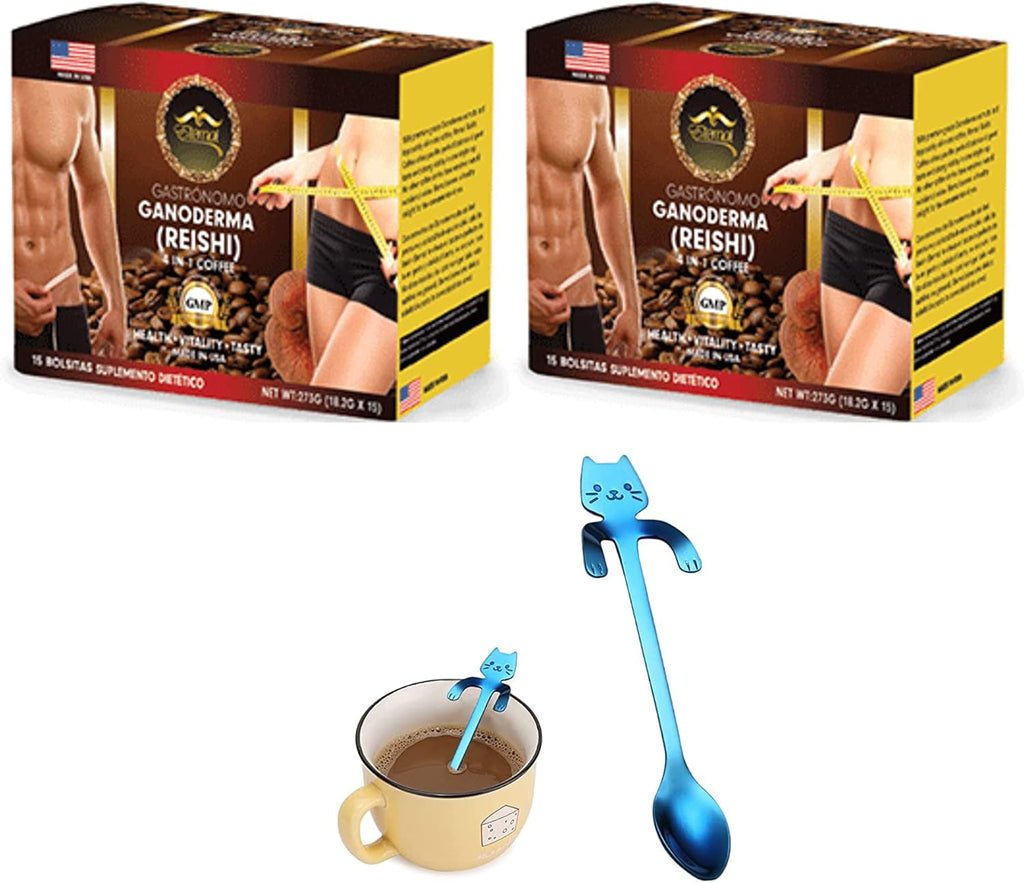 Eternal Spirit Beauty 4 in 1 Coffee, with GANODERMA (REISHI) – Pack of 2. Bonus 1 Stainless Steel Cute Mini Cat Spoon, Assorted Colors