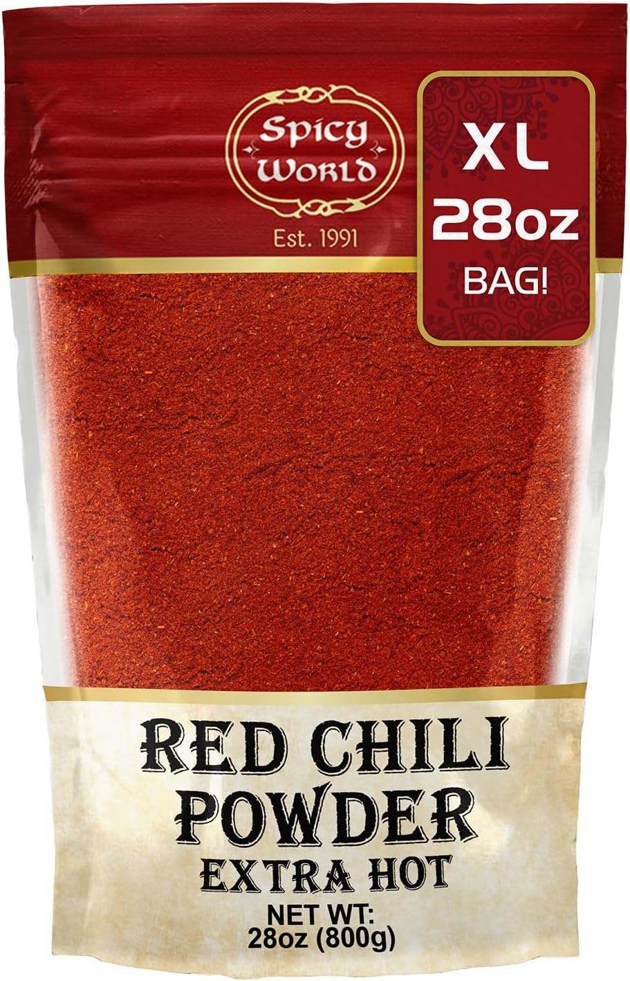 Spicy World Red Chili Powder Extra Hot 28oz (800g) JUMBO Value Pack - Just a Pinch Needed - Beautiful Color, Natural, Ground Red Chilies Powder, Authentic from India