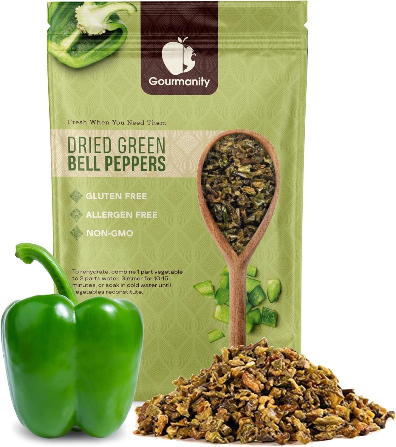 Gourmanity Dried Green Bell Peppers, Flavorful Diced Peppers Fresh and Appetizing, Perfect for Ramen Bae Ramen Toppings Soups Stir-Frys and Stews, All Natural, Packed in a Resealable Bag 4 oz