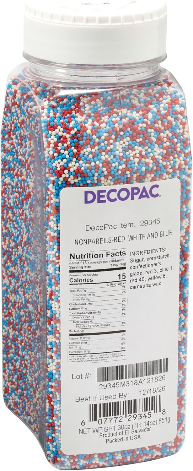 DECOPAC Red, White, And Blue Nonpareils | 30oz | Fancy Cake Sprinkles in Handheld Container, Edible Cake Decorations For July 4th, Independence Day, Celebration Cakes, Cupcakes, Cookies, and Donuts